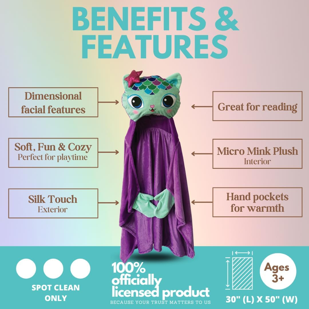 Dreamworks Gabby'S Dollhouse Mercat Bedding Super Soft and Cozy Wearable Hooded Throw Blanket, 50" X 30" (Official Licensed Product)